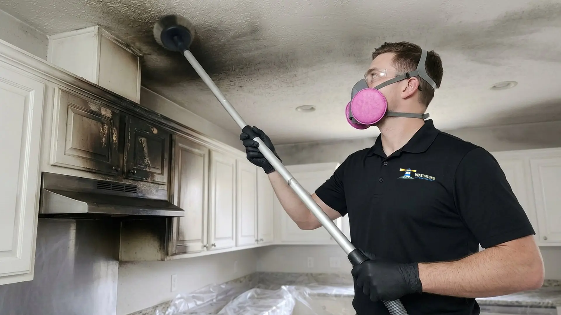 Technician in a respirator vacuuming soot off a burned kitchen ceiling, water and fire damage restoration