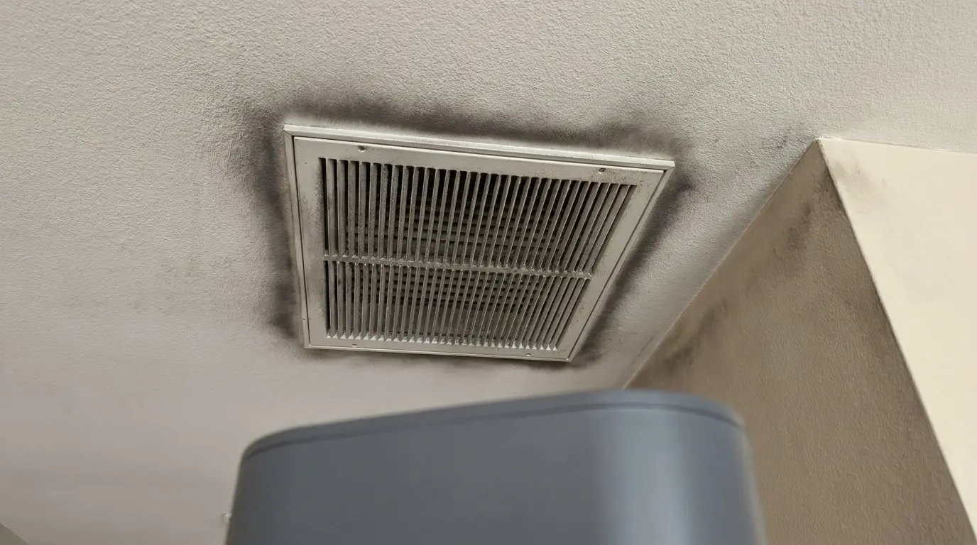 Black soot stains spreading across the ceiling around an air return vent, water and fire damage restoration