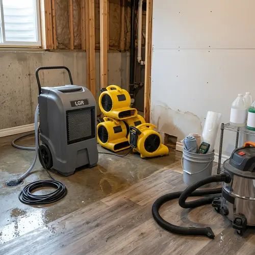 Dehumidifier, stacked air movers and a wet vacuum in a flooded basement room, water and fire damage restoration